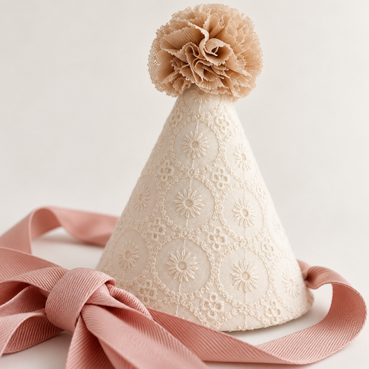 Heirloom Birthday Party Hat with Pom-Pom & Satin Ties