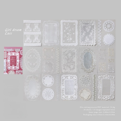Vintage PET Lace Sticker Journal – Aesthetic Waterproof Deco Stickers for Scrapbooking