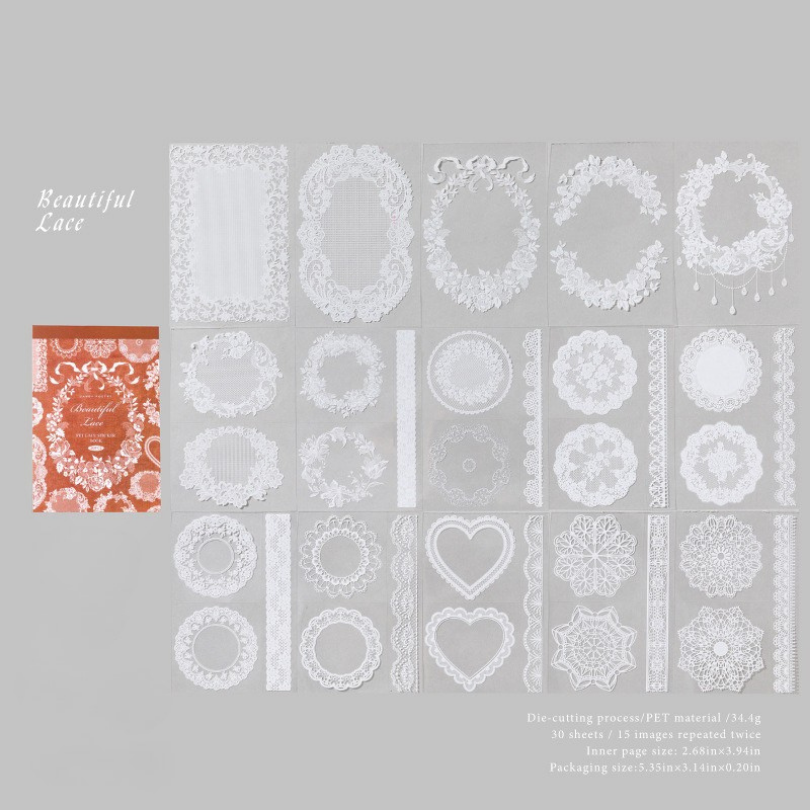 Vintage PET Lace Sticker Journal – Aesthetic Waterproof Deco Stickers for Scrapbooking