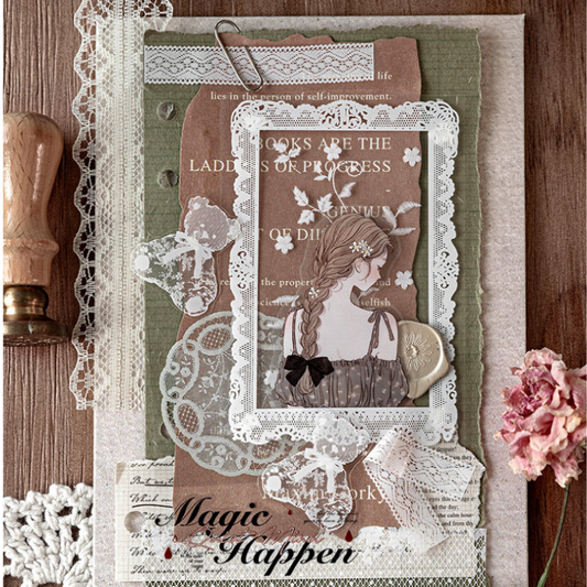 Vintage PET Lace Sticker Journal – Aesthetic Waterproof Deco Stickers for Scrapbooking