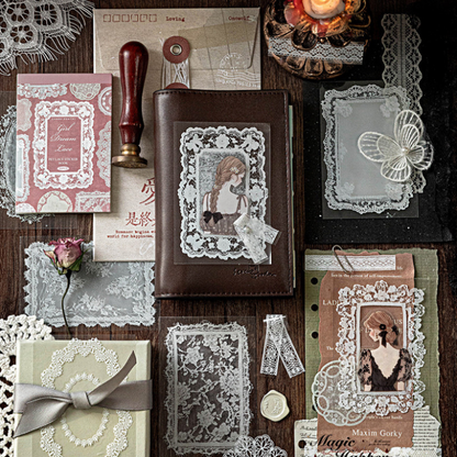 Vintage PET Lace Sticker Journal – Aesthetic Waterproof Deco Stickers for Scrapbooking