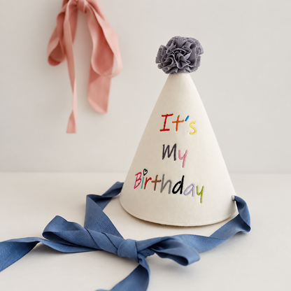 Heirloom Birthday Party Hat with Pom-Pom & Satin Ties