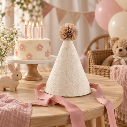 Heirloom Birthday Party Hat with Pom-Pom & Satin Ties