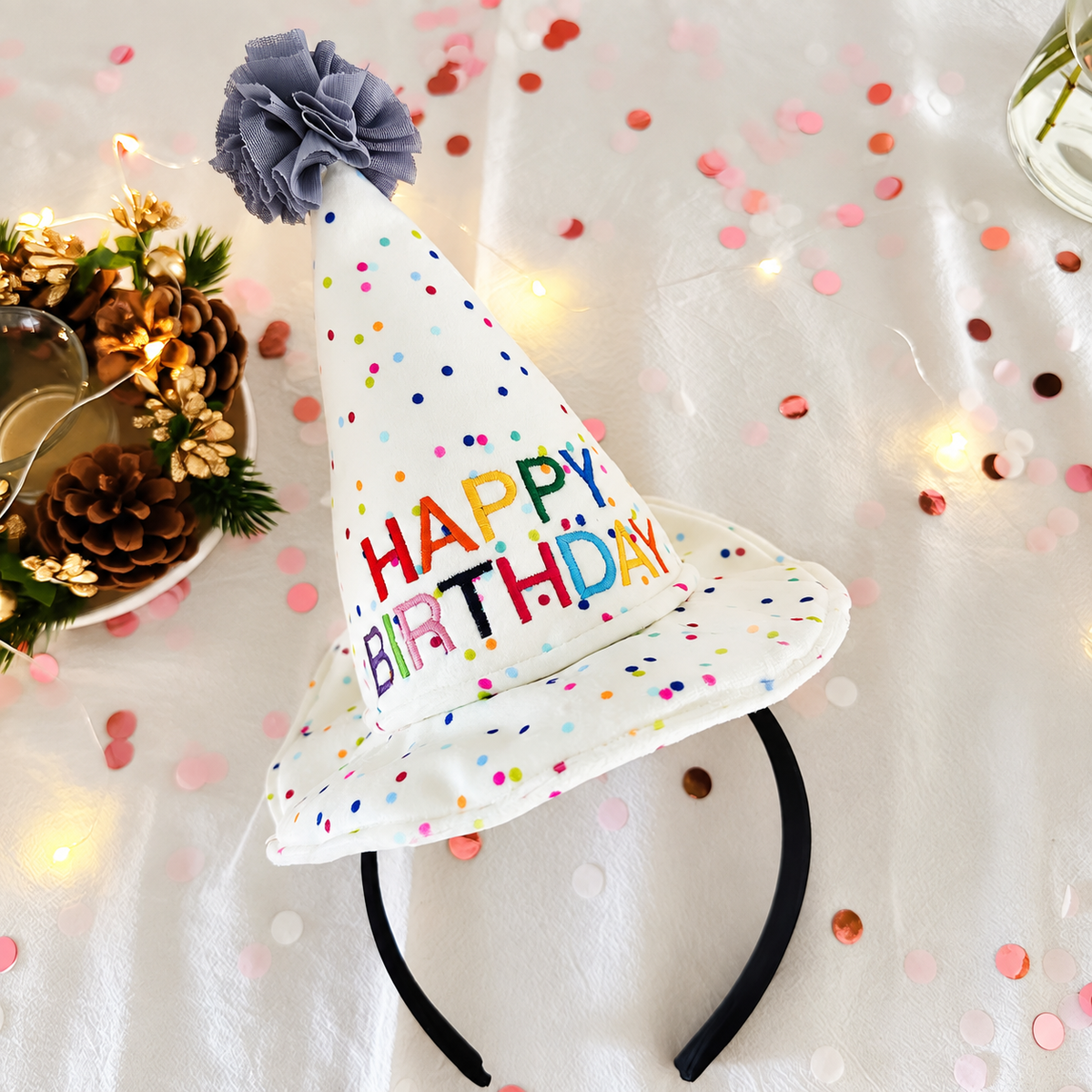 Heirloom Birthday Party Hat with Pom-Pom & Satin Ties
