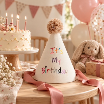 Heirloom Birthday Party Hat with Pom-Pom & Satin Ties