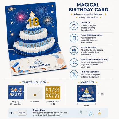 3D Light-Up Birthday Cake Pop-Up Card with Interchangeable Numbers